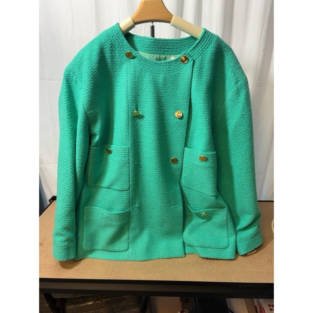 Vintage Chanel Boutique Turquoise Bouclé Wool Jacket 46 FR Made France Silk Line